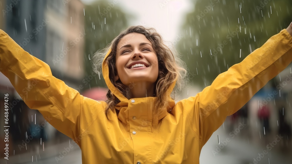 Cheerful woman in yellow raincoat on city road while it rains.