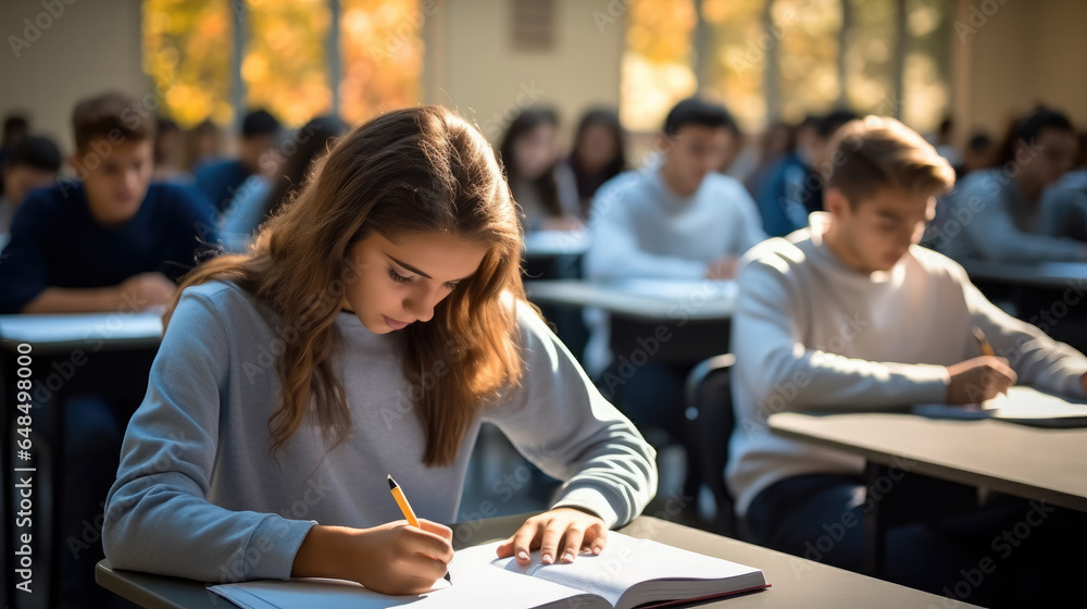 Group of students is taking exams in the class.