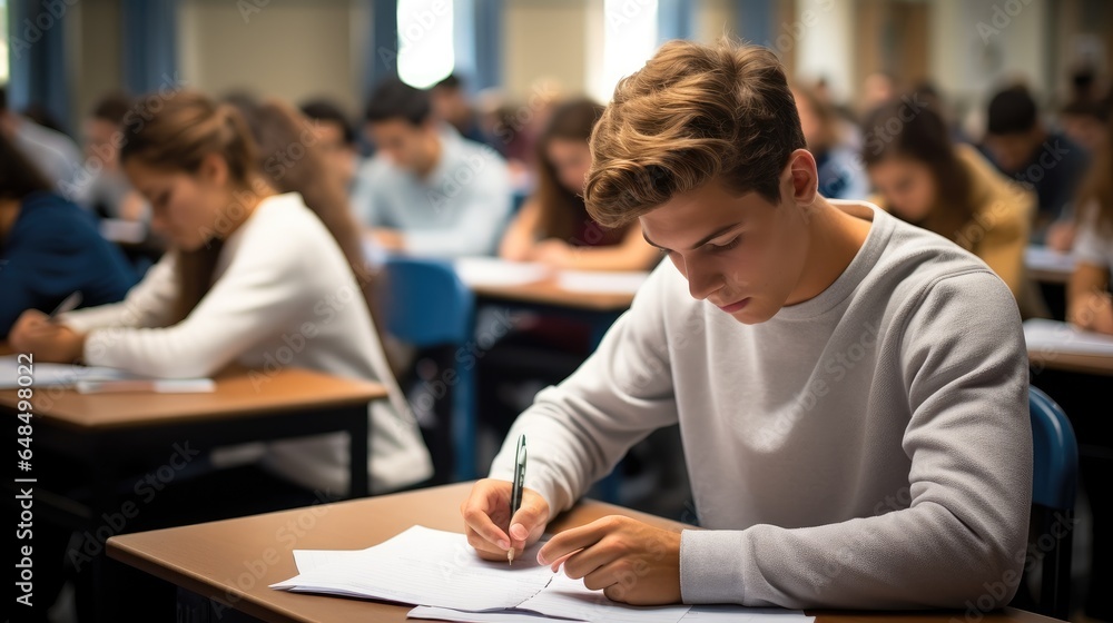 Group of students is taking exams in the class.