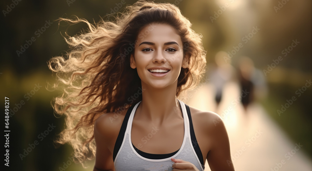 Happy athletic girl jogging in nature.