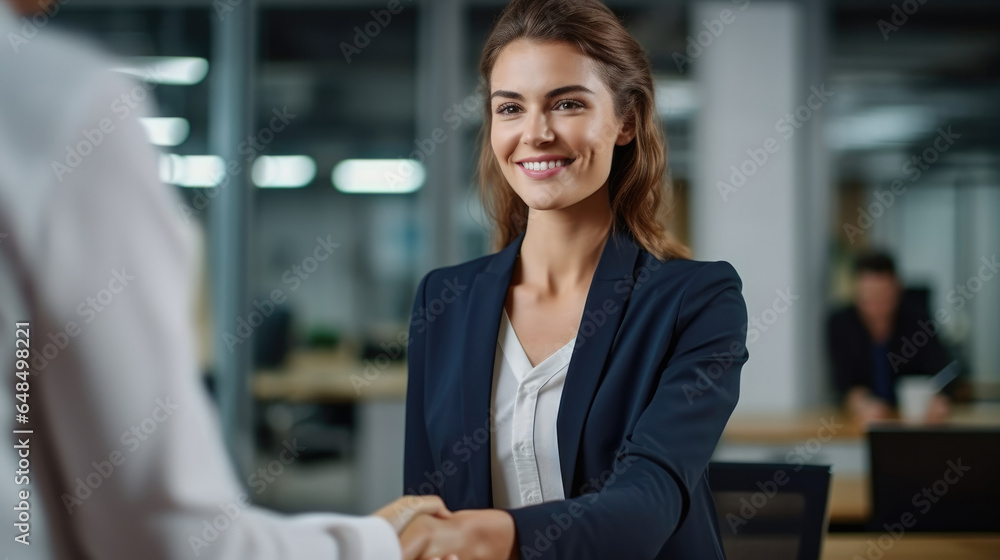 Happy female executive shaking hand with partner after making successful deal at meeting table.