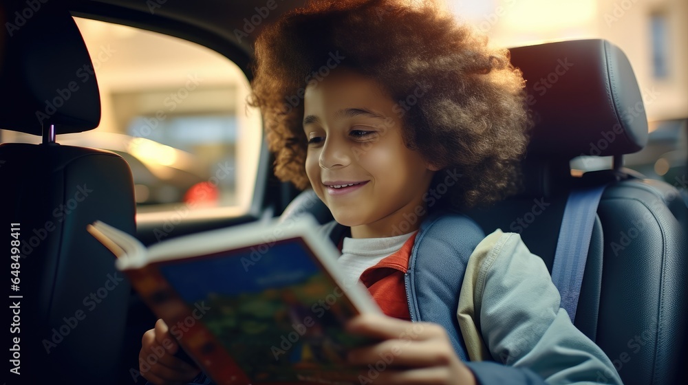 Boy is reading a book sitting in the back seat of a car.