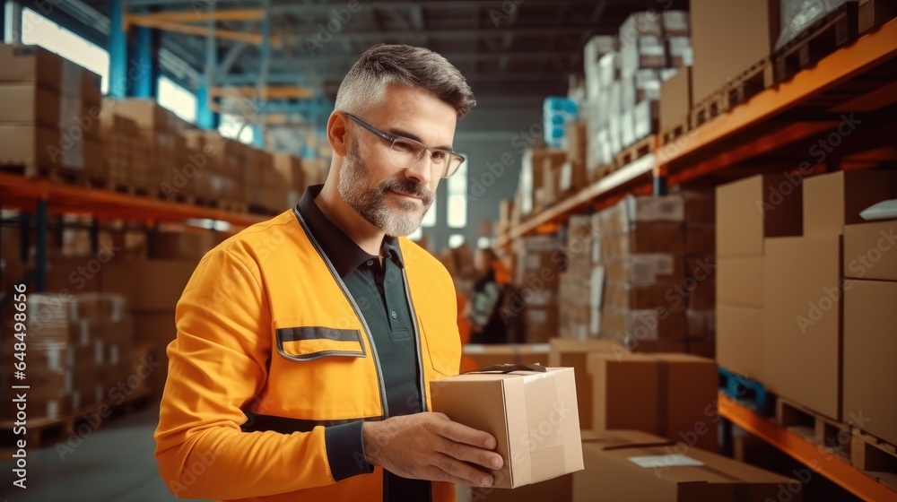 Supervisor checking with cardboard boxes at warehouse, Man manager in warehouse racks with boxes.