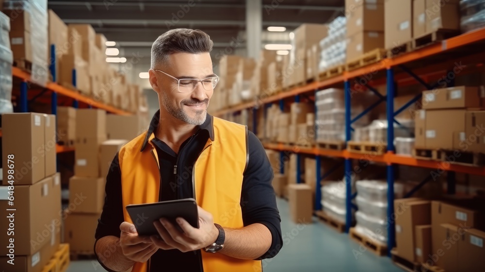 Supervisor checking with cardboard boxes at warehouse, Man manager in warehouse racks with boxes.