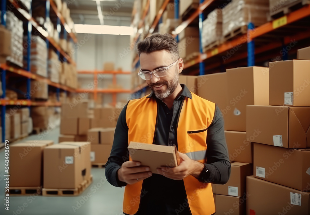 Supervisor checking with cardboard boxes at warehouse, Man manager in warehouse racks with boxes.