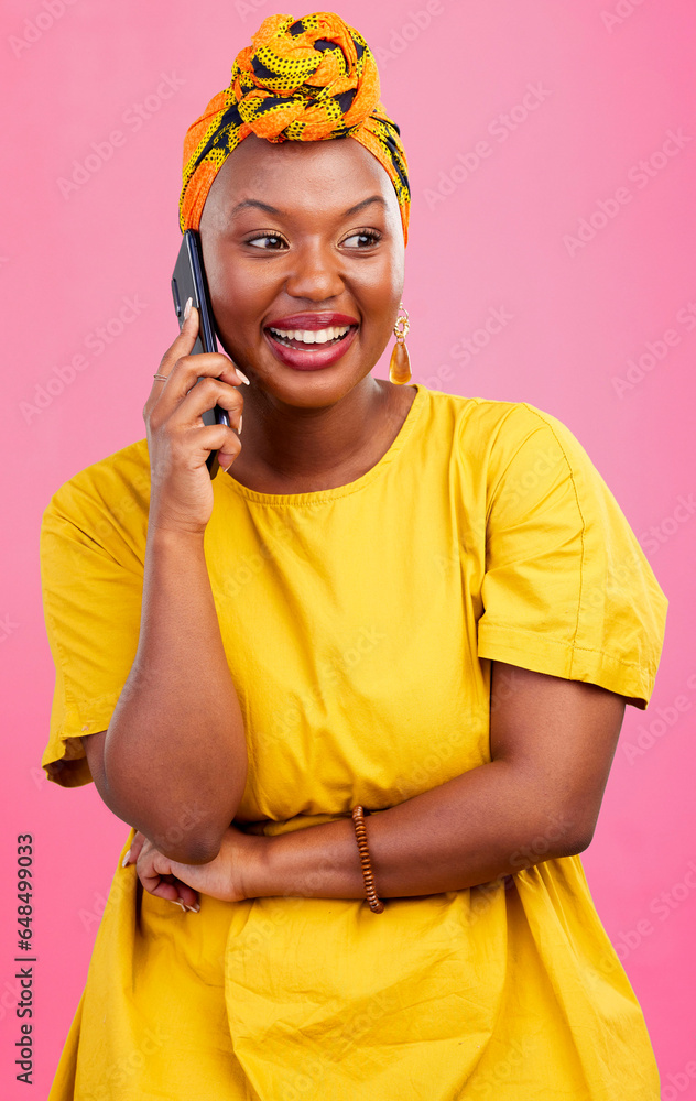 Black woman, phone call and communication in studio, happy with smile and smartphone with chat on pink background. Mockup space, funny conversation and VOIP with technology, networking and connection