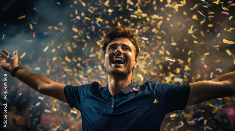 Happy male football sport player celebrating winning with confetti falling, Sports game and celebrating.