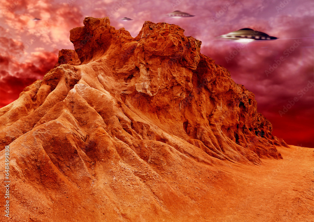 UFO, invasion and spaceship in outer space on mars and planet with science fiction. Alien technology, flying saucer and red mountain landscape with surreal background and world with spacecraft in sky