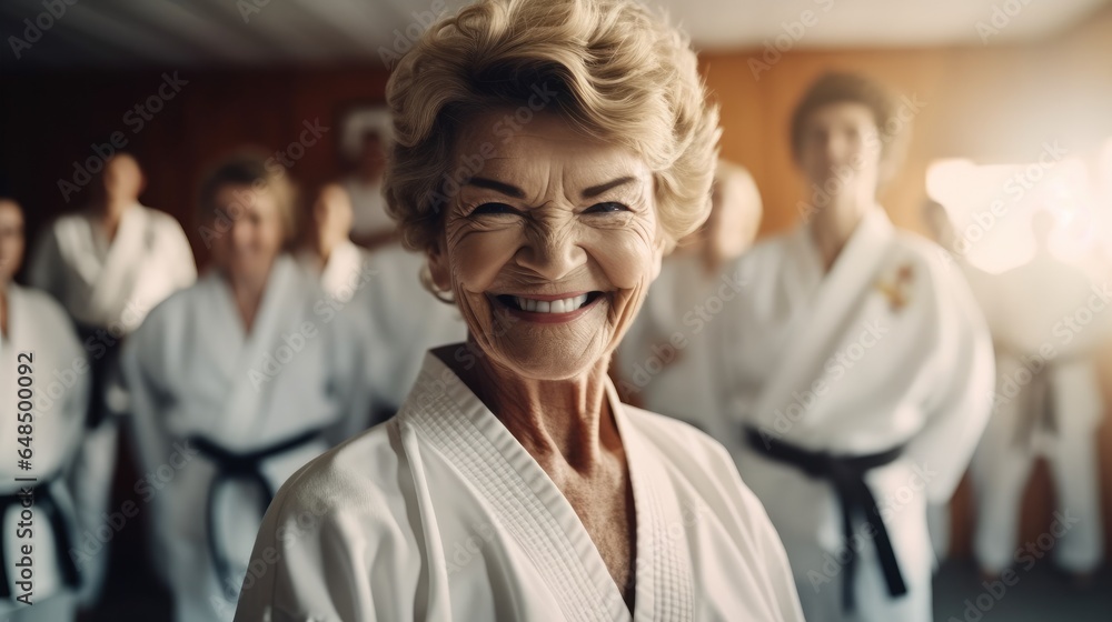 Retired lifestyle, Portrait of happy senior woman at karate course.