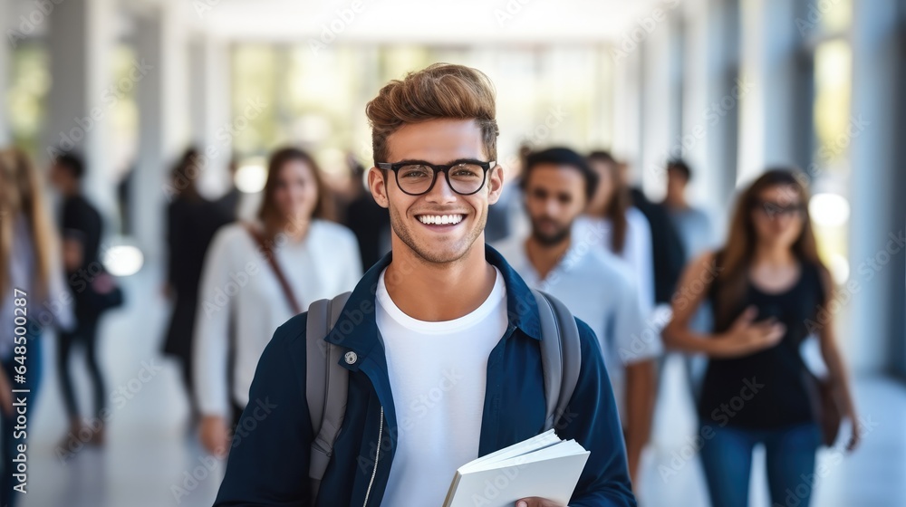 Positive man student wearing backpack glasses holding books in university.