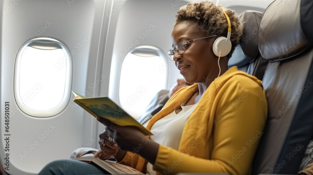 Travel and flight concept, African senior woman are reading a book and wear headphones while flying on airplane.