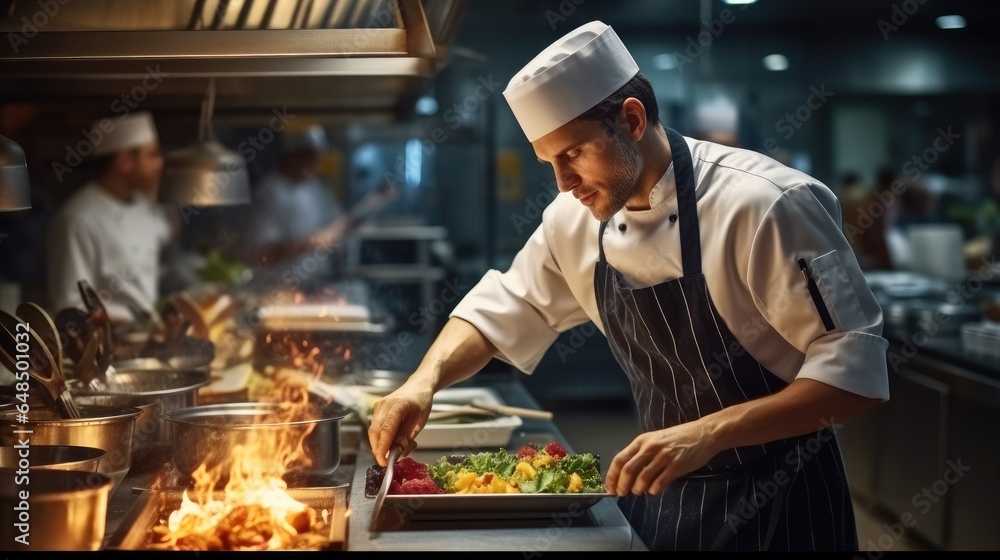 Chef is cooking food in Upscale Restaurant Kitchen.