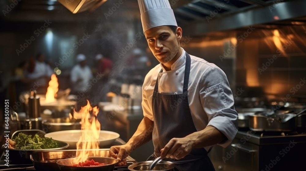 Chef is cooking food in Upscale Restaurant Kitchen.