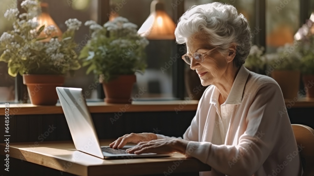 Portrait of senior woman using laptop at home.