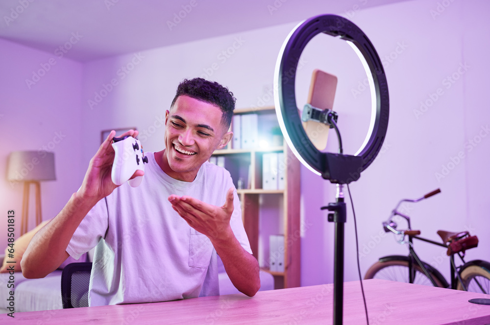 Streamer, live streaming and man gamer with review of console controller on social media for connection on vlog. Ring light, influencer and content creator or person speaking on internet show as host