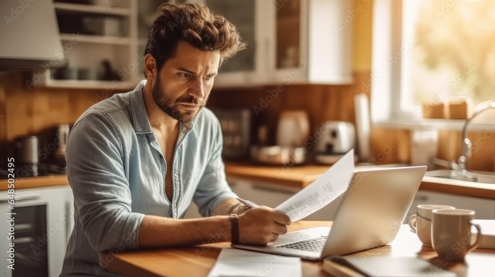 Worried young man going over his bills and home finances.