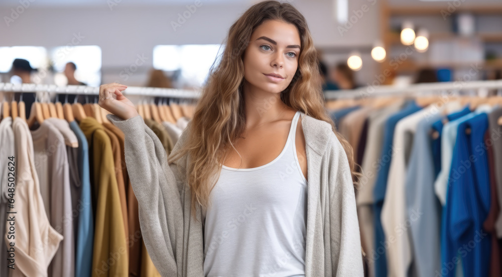 Young woman in casual clothes in the middle of the clothing store.