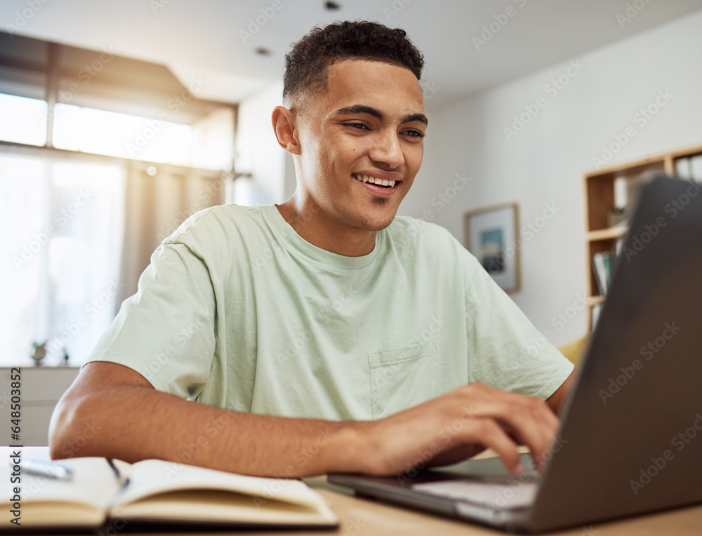 Home, computer and man in college with elearning, remote work and online studying in apartment, living room or house. University, education and working on internet, webinar or video conference class