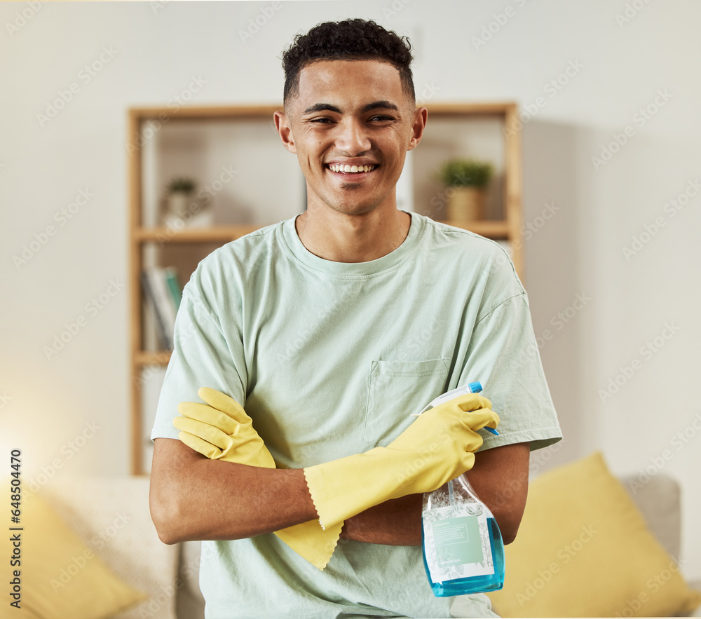 Cleaner, man in portrait and chemical with arms crossed, happy and hygiene with housekeeping, detergent and gloves. Janitor, cleaning solution in bottle with smile and professional housekeeper