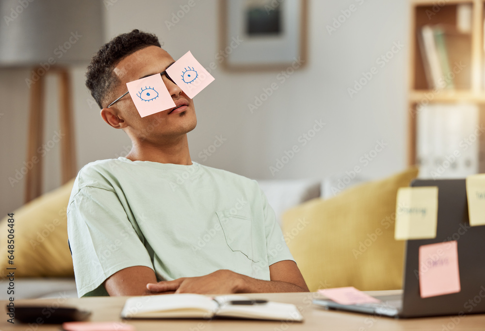 Education, sticky notes and a man student sleeping at his desk in the bedroom while learning for school. Burnout, tired and exhausted with a young university or college pupil asleep in his home