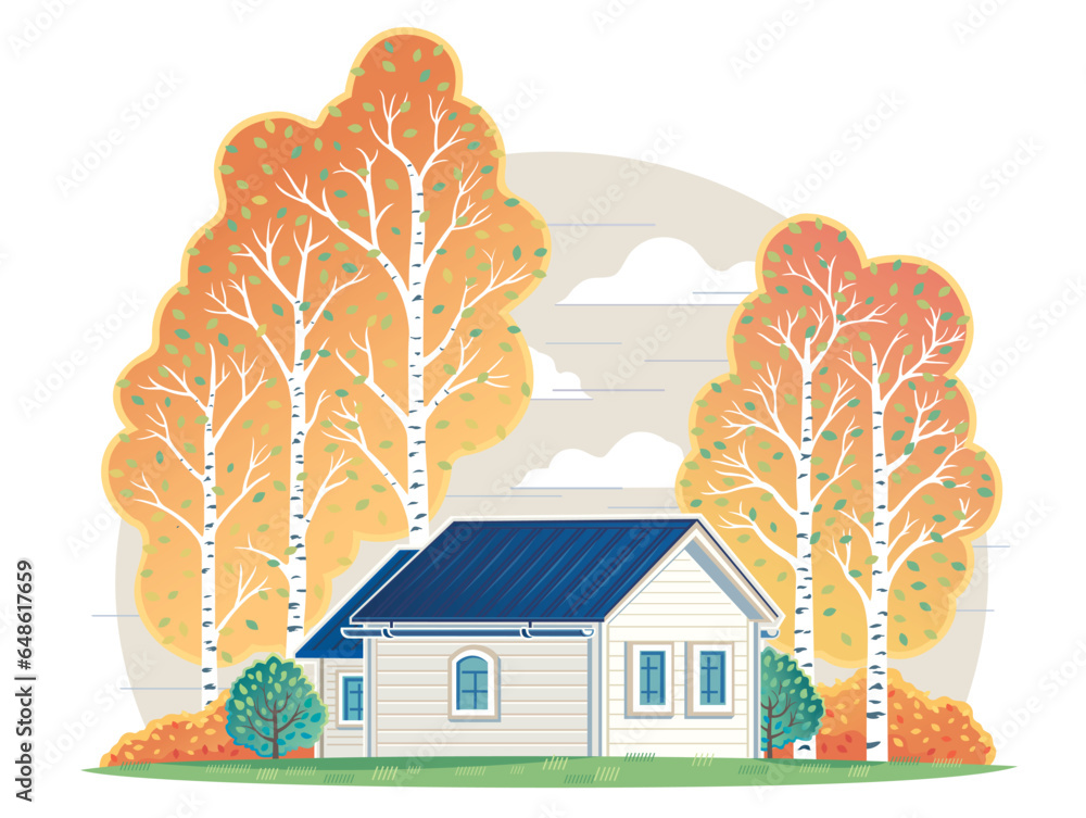 Autumn landscape with a country house on the outskirts of the forest, vector illustration.