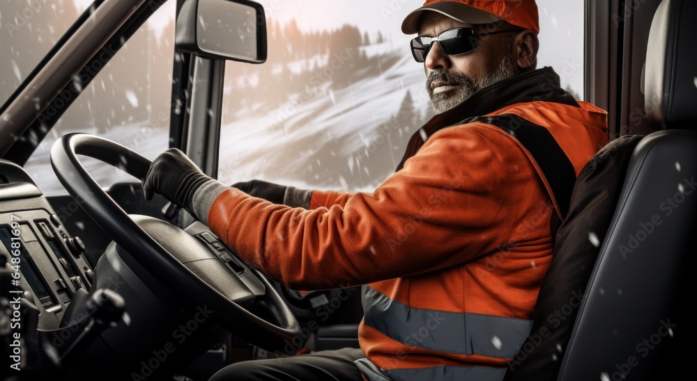 A truck driver is driving a truck with an orange vest