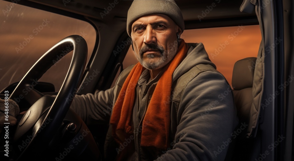 A truck driver is driving a truck with an orange vest