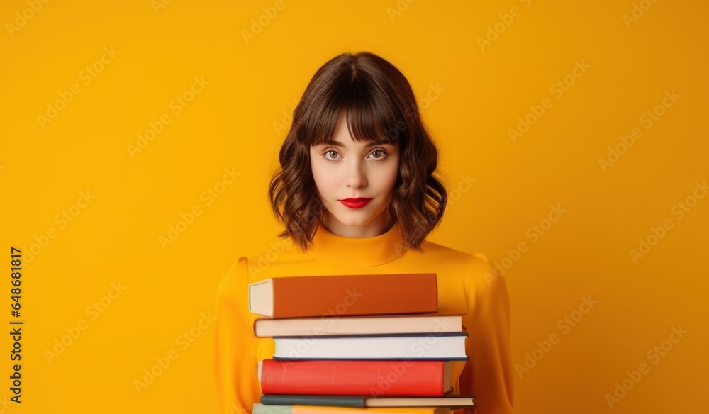 Young girl with stack of books