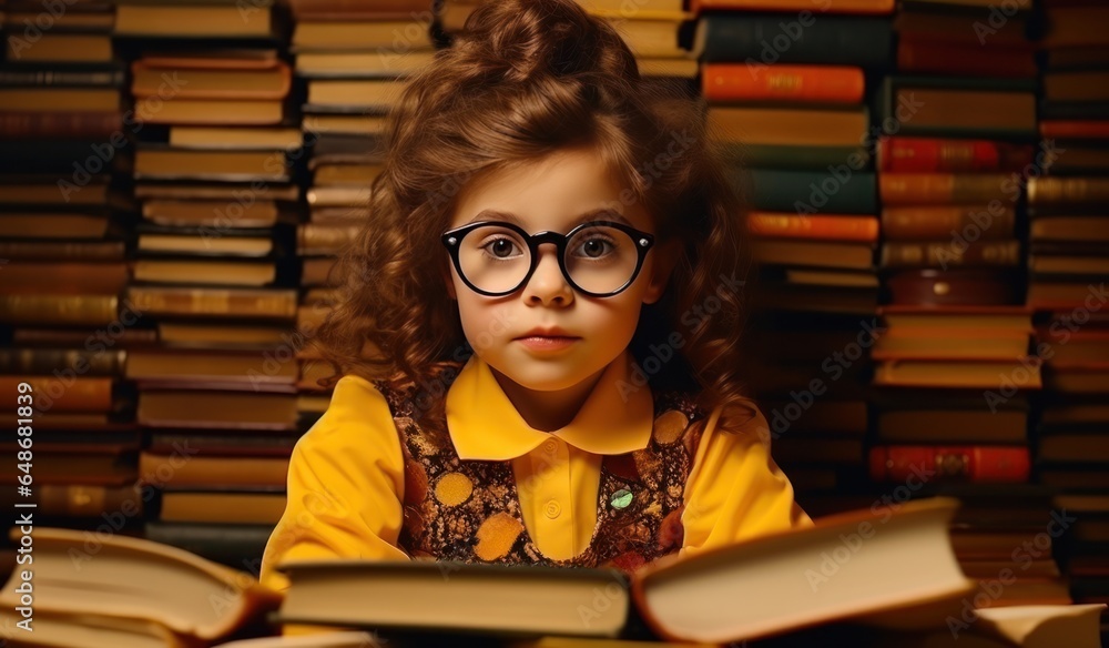 Young girl with stack of books