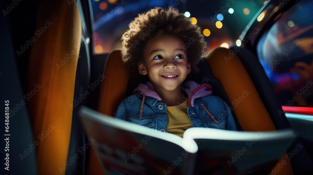 Little boy reading a magazine in a car