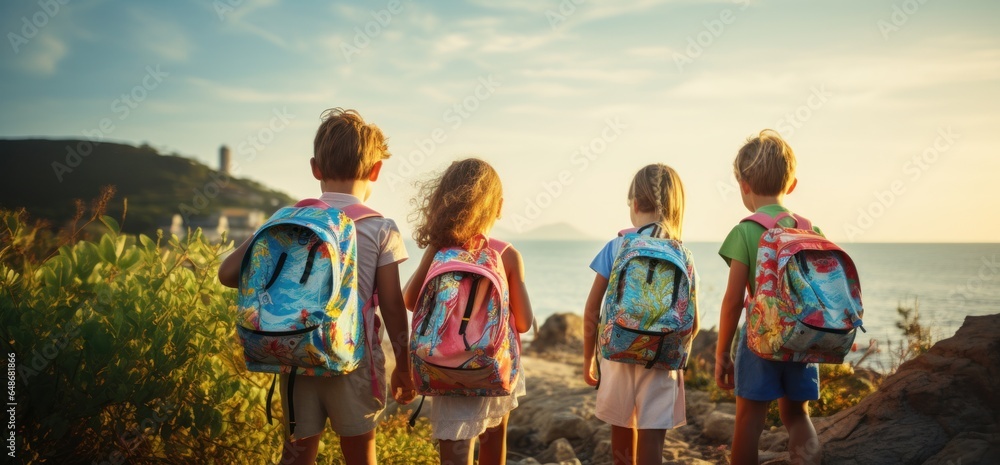 Kids holding backpacks standing in front of a street