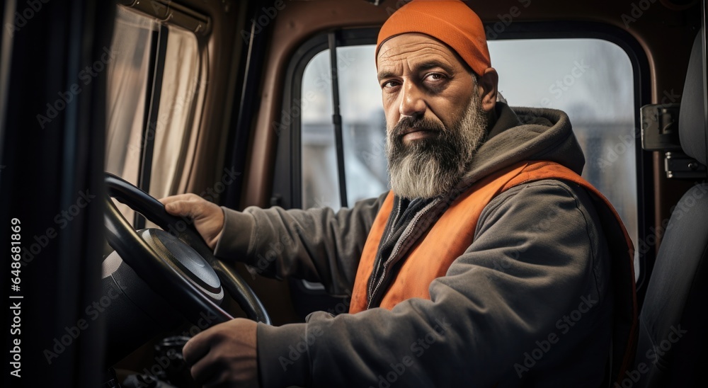 A truck driver is driving a truck with an orange vest