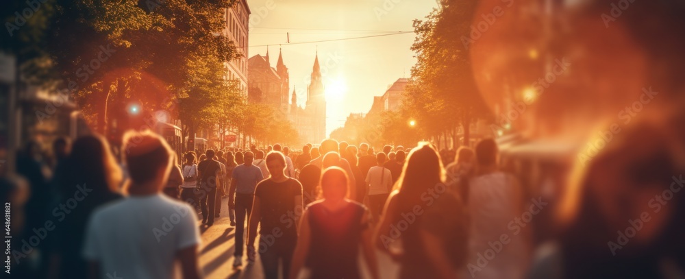 A group of people walking in a city evening