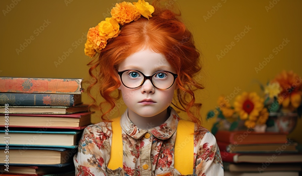 Young girl with stack of books