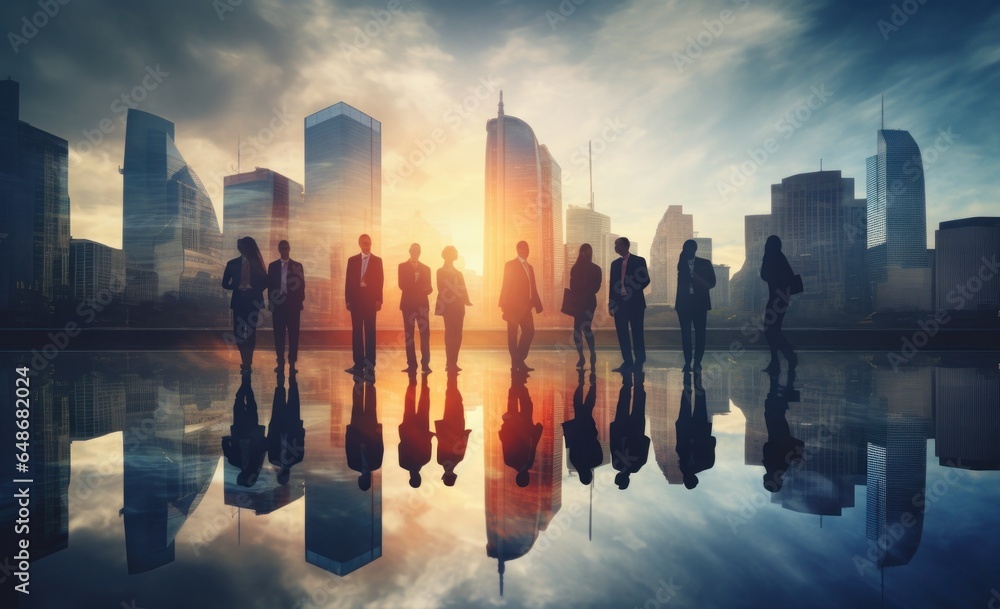 Silhouette of silhouettes of business person and people walking in city street