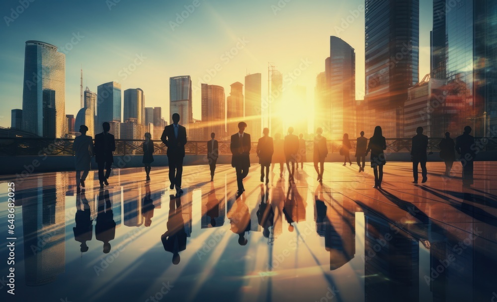 Silhouette of silhouettes of business person and people walking in city street