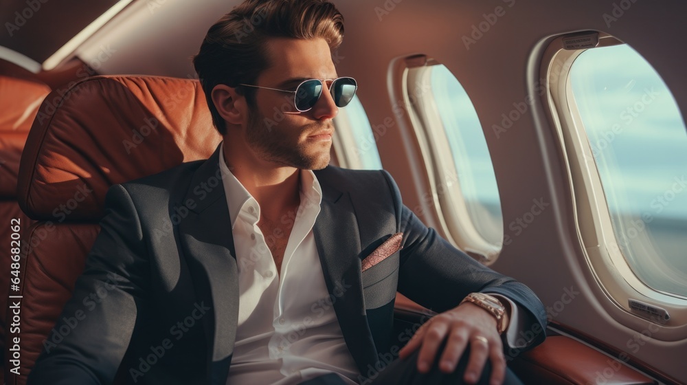 One handsome businessman relaxes on a plane