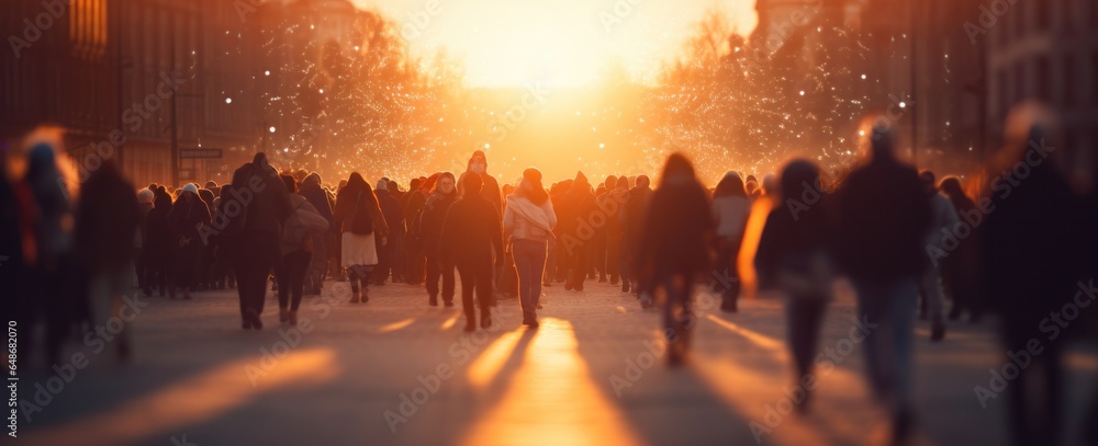 A group of people walking in a city evening