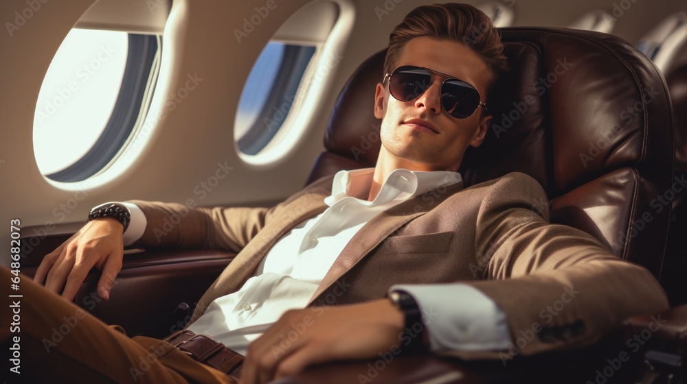 One handsome businessman relaxes on a plane