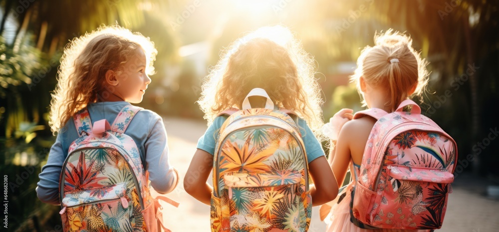 Kids holding backpacks standing in front of a street