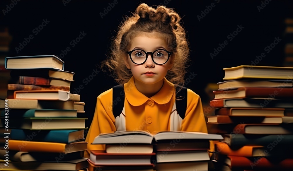 Young girl with stack of books