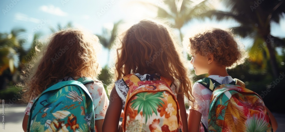 Kids holding backpacks standing in front of a street