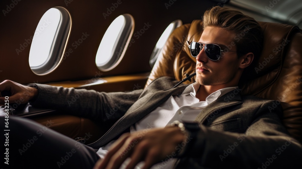 One handsome businessman relaxes on a plane