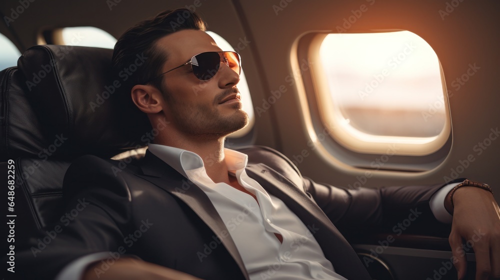 One handsome businessman relaxes on a plane