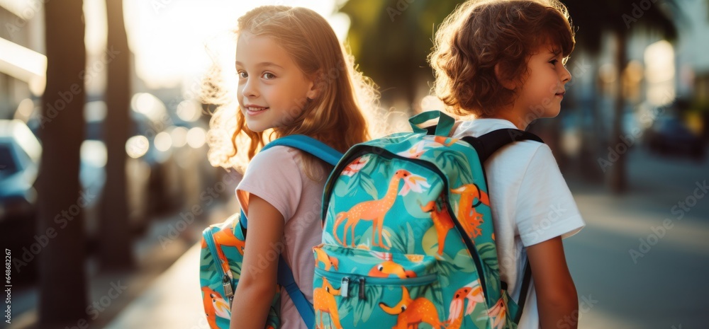 Kids holding backpacks standing in front of a street