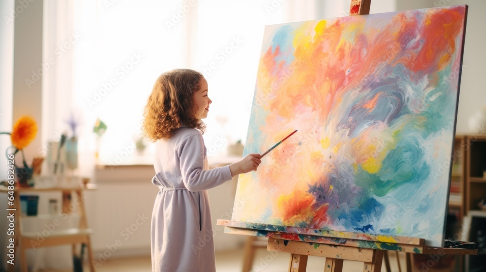 A little girl painting an abstract painting on an easel