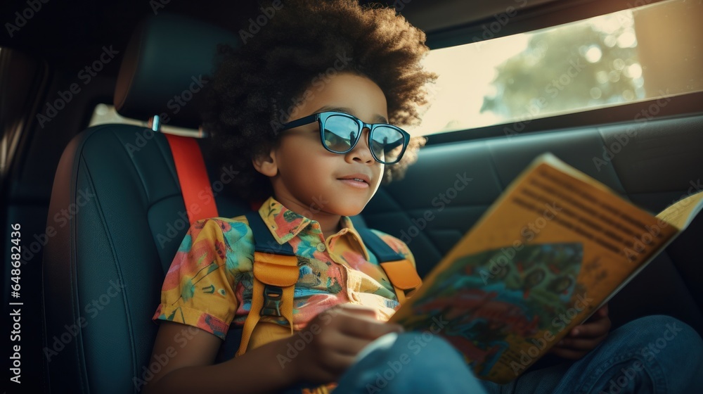 Little boy reading a magazine in a car