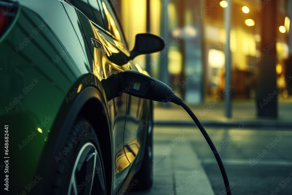 An electric car charged at a station