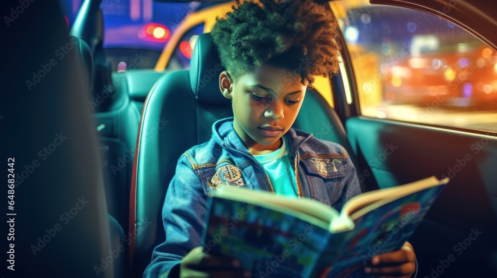 Young boy in a car reads a book