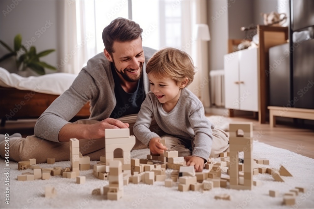 Child playing with wooden blocks in the family room